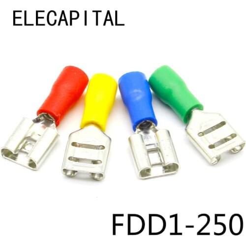 FDD1-250 Female Insulated Electrical Crimp Terminal for 22-16 AWG Connectors Cable Wire Connector 100PCS/Pack FDD1.25-250 FDD