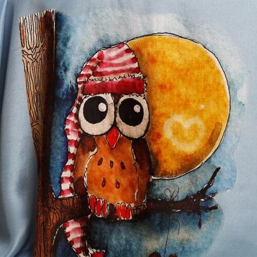 White waxberry Blue Owl Printed 12momme Silk Crepe De Chine 100%Silk Garment Materials Women Shirts Sewing Cloth Freeshipping