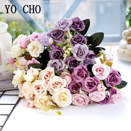 YO CHO Artificial Flower 5 Forks Silk Rose Mini Bouquet Home Party Wedding Decor DIY Flower Arrangement Wedding Planner Supplies