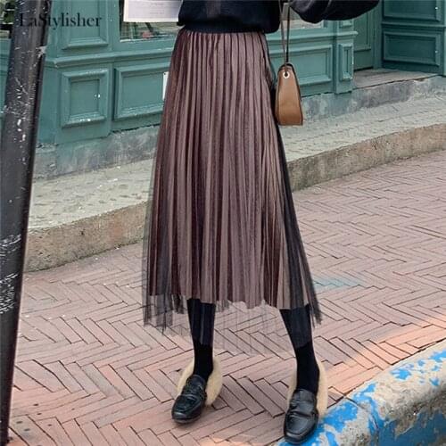LaStylisher Spring Casual Womens Skirts Gold Velvet Tulle Mesh Pleated Skirt Mid-Calf High Waist Laides Maxi Skirt Plus Size New