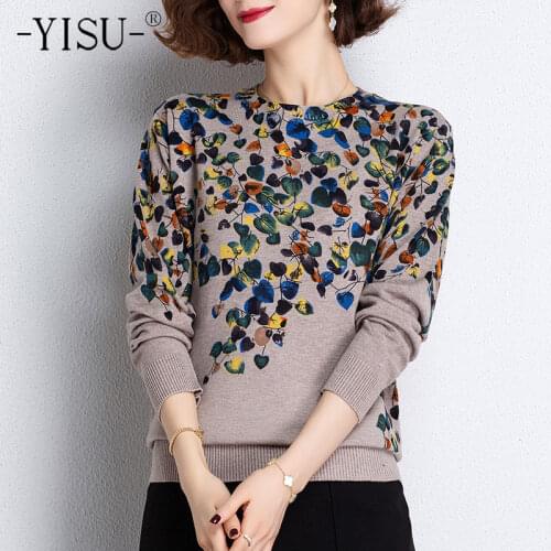 YISU Spring Womens sweater O-Neck Tree leaf Printing Long sleeves Jumper Female Casual Loose Thin Knitted pullover 2021New