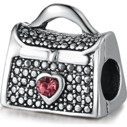 5PCS Vintage Perles Silver Color Big Hole Bead European Pink Rhinestone Handbag Charm Pendant Bead Fit DIY Snake Bracelet Gift