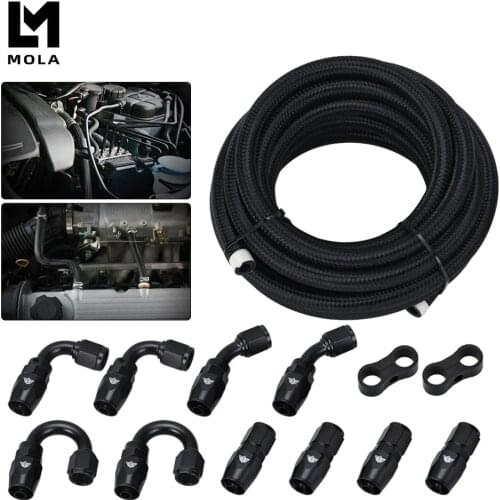 6AN AN6 Oil Fuel Fittings Hose End 0+45+90+180 Degree Oil Adaptor Kit AN6 Braided Oil Fuel Hose Line 5M Black With Clamps