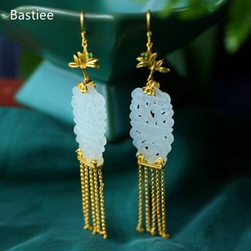 Bastiee Silver 925 Jewelry 925 Sterling Silver Earrings Dangle Earrings Vintage Korean Earrings Golden Plated Jade Silver