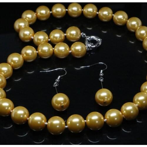 Wholesale Bohemia style new fashion yellow simulated-pearl shell 12mm round beads earrings necklace jewelry set 18inch B2320