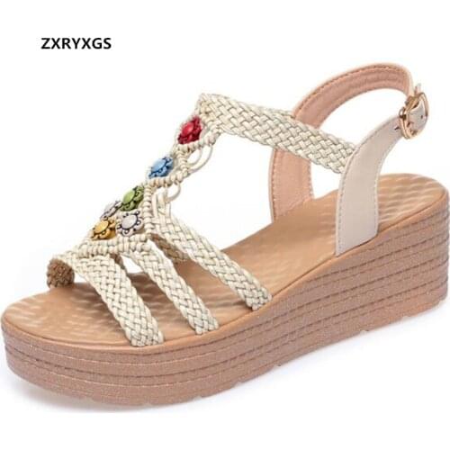 2021 New Bohemian Summer Open Toe Sandals High-quality Microfiber Women Shoes Fashion Sandals Platform Wedges Heighten Sandals