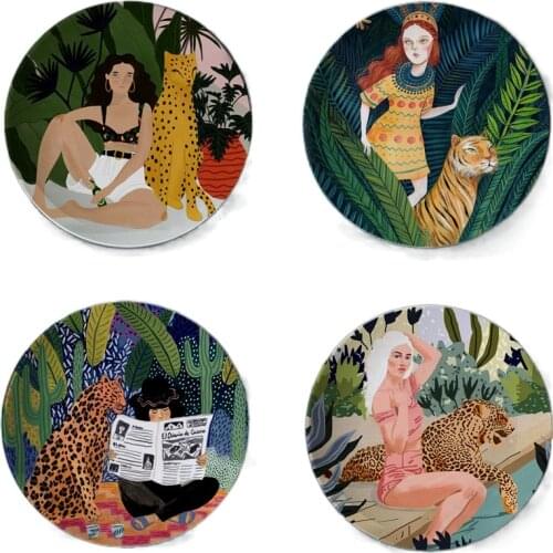 Flora Tiger and Girl Watercolor Plates Creative Home Decorative Illustration Plate Ceramic Decor Craft Leopard Lady Europe Decor