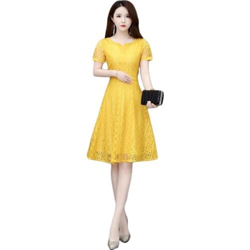 Lace dress women yellow 7 colors S-5XL plus size 2020 summer new fashion slim green red short sleeve mini dresses feminina LR818