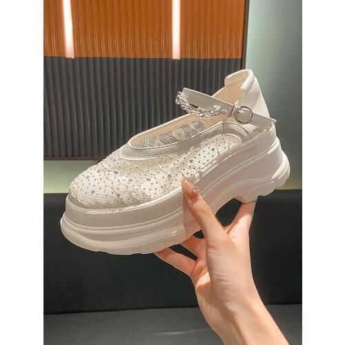 Summer New Style Exquisite Rhinestone Chain Net Yarn Breathable And Comfortable Fashion Thick-Soled Ladies Single Shoe 35-40