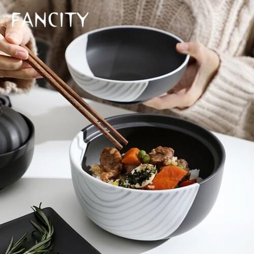 FANCITY Ceramic cover bowl, household noodle bowl, personality rice bowl, soup bowl, creative bubble noodle bowl