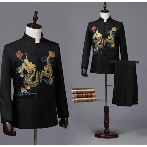 Mens black chinese dragon embroidery tuxedo jacket /stage performance jacket
