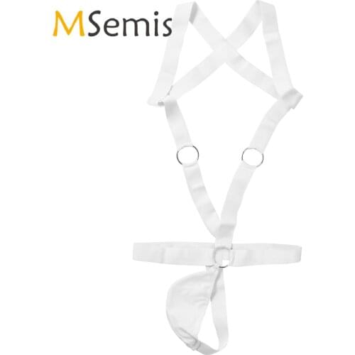 Harness Mens Lingerie Hollow Out Bulge Pouch One-piece Bodysuit O Ring Connected Elastic Band Body Shoulder Chest Harness Belt