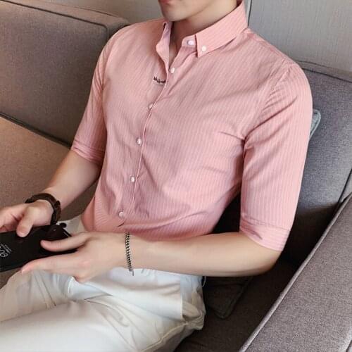 2021 summer new mens mid-sleeve shirts mens fashion slim striped shirts British style casual half-sleeved Business shirts