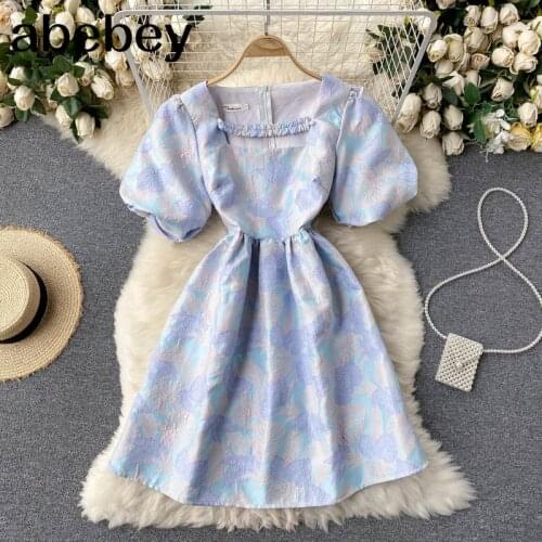 Women Elegant French Dress Sweet Puff Sleeve Square Collar A-line Office Dress Summer Fashion Casual Streetwear Dress