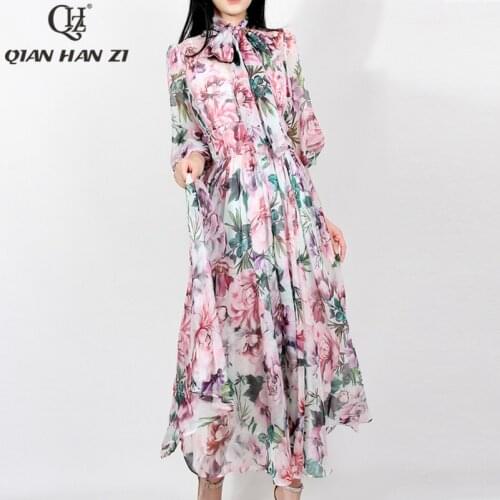 Qian Han Zi designer scarf Bow collar summer dress Women Three Quarter elegant Flower print Bohemian long Chiffon Beach Dress