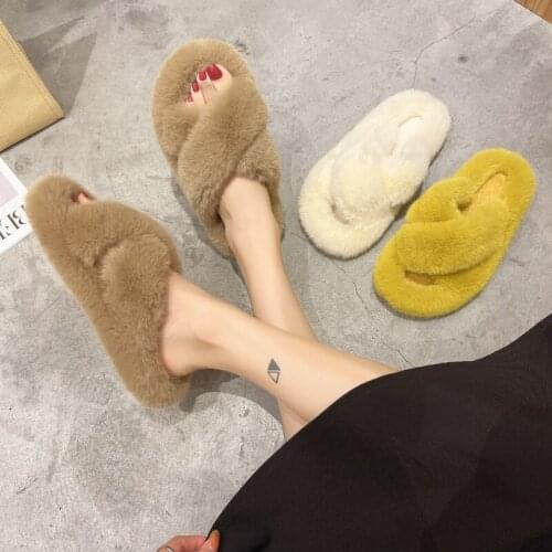 Shoes Slippers Casual Fur Flip Flops Slipers Women Slides Low Luxury Plush Flat 2021 Massage Autumn Rome with fur Rubber