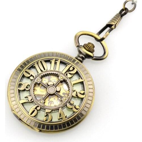 Skeleton Bronze Hollow Automatic Mechanical Pocket Watch Men Vintage Hand Wind Clock Big Number Necklace Pocket & Fob Watch Gift