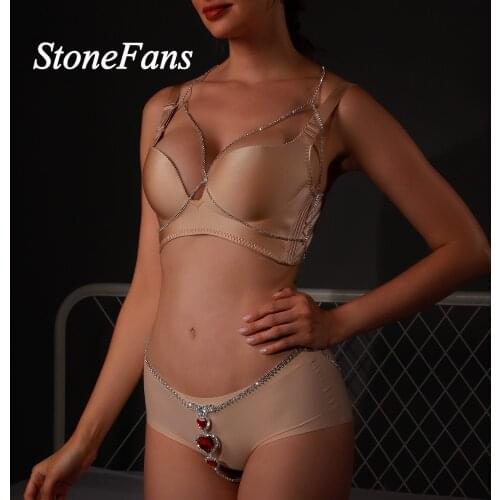 Stonefans Simple Rhinestone Body Chain Bra Harness Lingerie Set for Women Bling Crystal Red Heart Thong Bra and Panties Jewelry