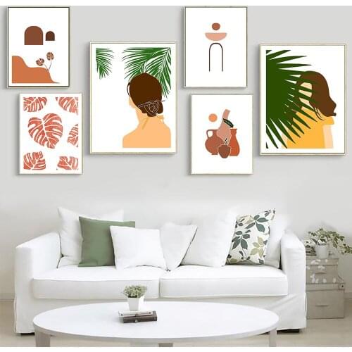 Tropical Plant Art Wall Canvas Painting Abstract Girl Brown Art Print Poster Terracotta Leaves Art Picture For Home Decor