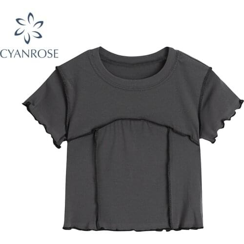 Streetwear 2021 Summer Womens T Shirt Short Sleeve Slim Crewneck Pullover Tees Female Patchwork Design E-Girl Crop Tops