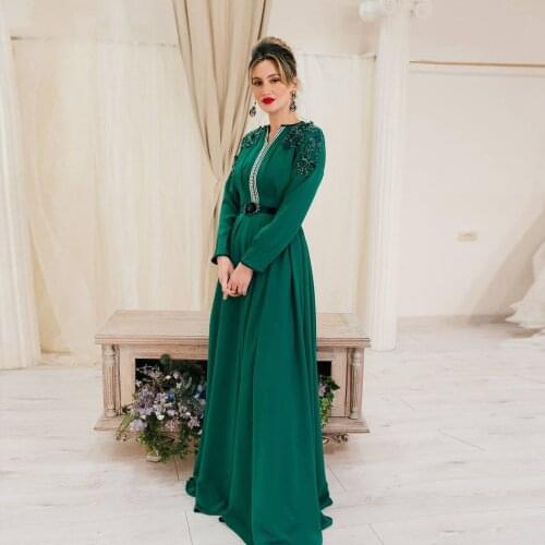 Green Elegant Moroccan Caftan Evening Dress A-Line Floor Length Summer Dress Muslim Dubai Caftan Prom Dresses Plus Size