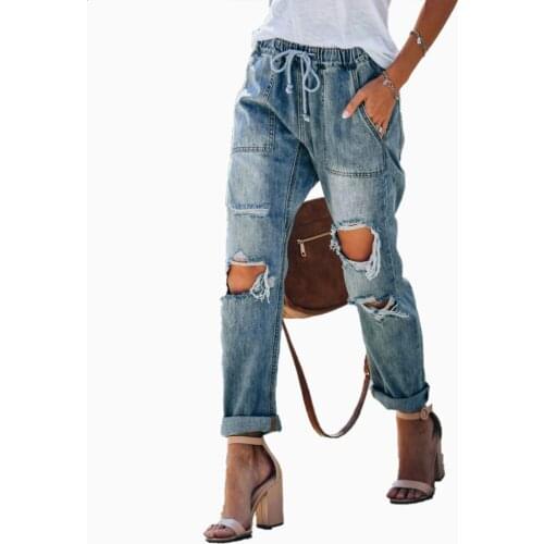 Womens Autumn Casual Slim Fit Mid Waist Stretch Cropped Pants Ladies Fashion Ripped Trousers Plus Size Destroyed Denim Jeans