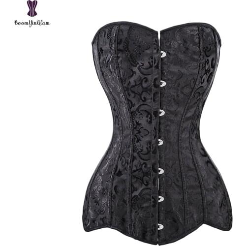 Women Long Steampunk Overbust Corset Top Steel Boned Black White Floral Gothic Waist Trainer Bustier Top Corselet