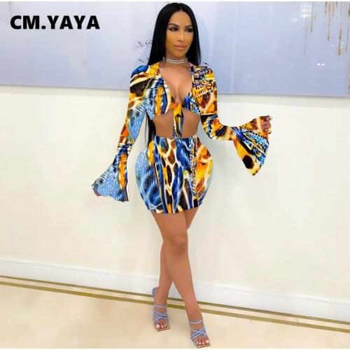 CM.YAYA Women Set Print Mesh Full Flare Sleeve V-neck Bandage Crop Tops Mini Skirts Two 2 Piece Sets Sexy Fashion Outfits Summer