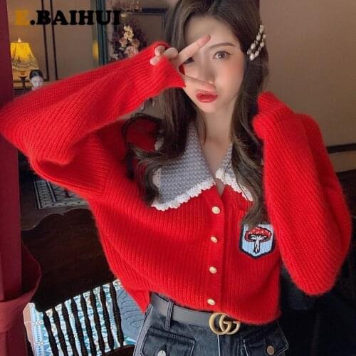 EBAIHUI Ruffled Lace Knitted Sweater Cardigan Women Autumn Winter Soft Puff Sleeve 2020 Fashion Preppy Style Ladies Pullover