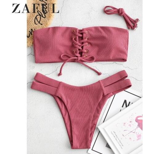 ZAFUL Bikini Women Ribbed Bandeau Lace Up Bikini Swimsuit Sexy Push Up Bathing Suit Solid Cut Out Swimwear Summer Beachwear New