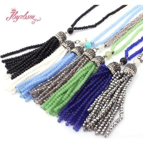 2x3mm Rondelle Fashion Bohemian Tribal Jewelry Fashion Glass Druzy Link Crystal Tassel Necklaces Women Ethnic Necklace 30"