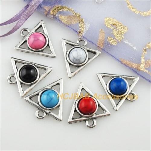 12 Triangle Mixed Charms Acrylic Round Tibetan Silver Tone Connectors 19.5x21.5mm
