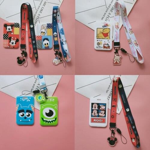 2021 New Disney Mickey Mouse Card Holders Student Campus Card Bag Minnie Winnie Stitch Hanging Neck Card Cover Lanyard ID Holder