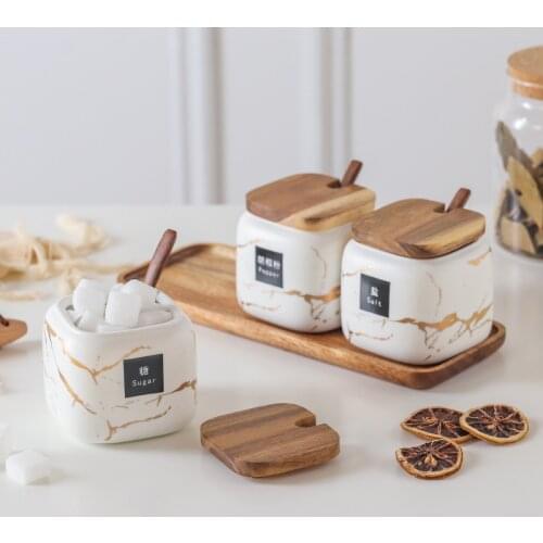 3 Pcs Sugar Bowls Ceramic Coffee Jar Set Ceramic Seasoning Jar with Lid Spoon and Tray / Food Storage Canister Seasoning Box
