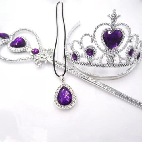 3pcs/set NEW Baby Girls Presents The First Purple Teardrop Amulet Pendant PU Leather Necklacs Tiara Crown Magic Wand Jewelry Set