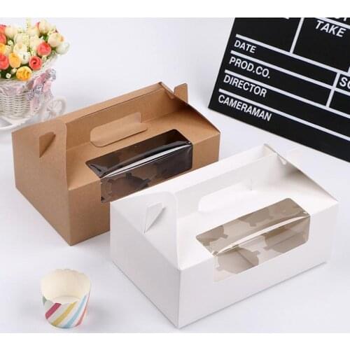 300pcs/lot Brown/White 6 Cupcake box Kraft paper cake boxes and packaging with handle Wedding gift box Packaging box SN902