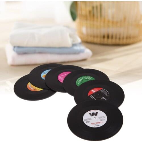 6pcs Retro Useful Vinyl Coaster Cup Drinks Holder Mat Tableware Placemat Record Non-slip Heat Insulation Pad Kitchen Accessories