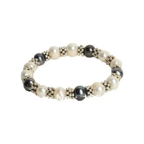 Wholesale Pearl Jewelry 9-10mm White Black Genuine Freshwater Pearl Bracelet Tibet Silvers Elastic Bracelet Handmade Free Ship