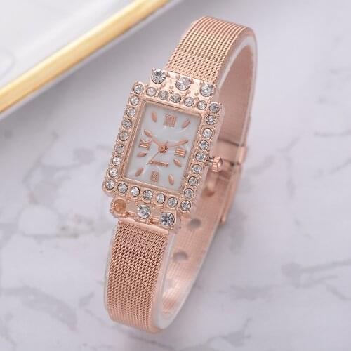 Reloj Mujer Luxury Women Watches Rose Gold Simple Stainless Steel Mesh Belt Watch Womens Fashion Rhinestones Square Wristwatch