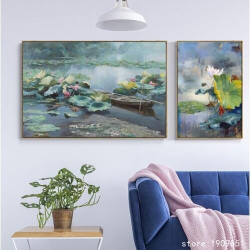 No frame Chinese style lotus flower landscape set canvas printings oil painting printed on cotton wall art decoration picture