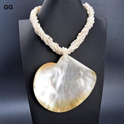 GuaiGuai Jewelry 7 Rows Natural White Keshi Pearl Big Shell Pendant Necklace