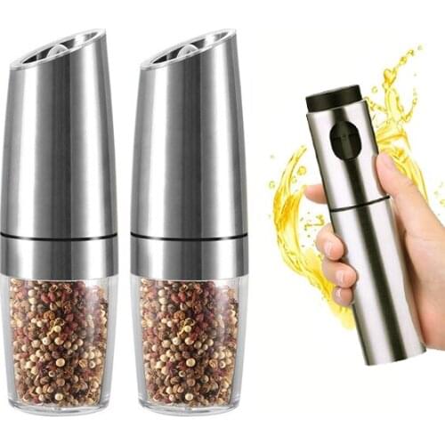 Stainless steel pepper mill electric salt pepper grinder sprayer spray bottle set with LED light kitchen cooking spice grinder