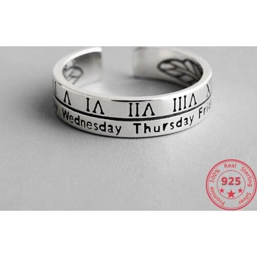 Minimalism 925 Sterling Silver Fashion Retro Women Open Rings Antique Silver Roman Numerals Adjustable Jewelry Gifts For Girl