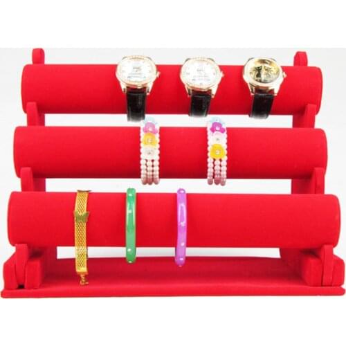 New and Fashion 3 Tier Red color Bracelet Chain Watch T-Bar Rack Jewelry Organizer Hard Display Stand Holder