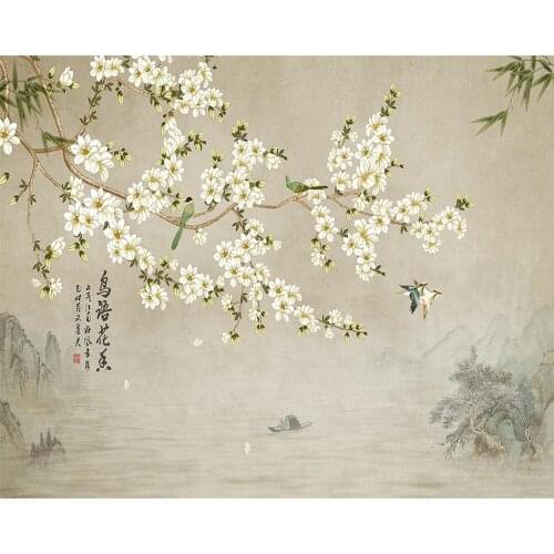 Beibehang Bird flowers floral ink landscape wallpaper television sofa bedside wall living room bedroom decorative 3d wallpaper