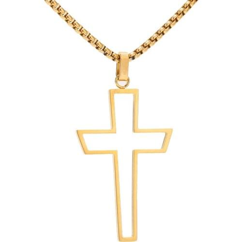 Gold Plated hollow Stainless Steel Cross Religious Pendant Necklace,24inches Link Chain