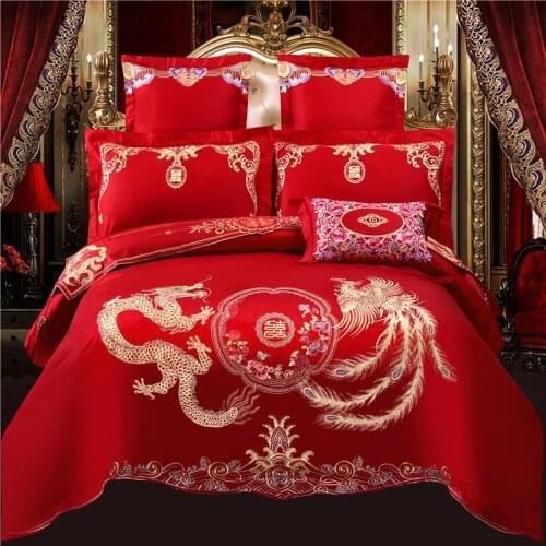 Traditional Wedding Red Bedding Double Happiness Dragon and Phoenix Bird Chic Embroidery Duvet Cover Bedspread Sheet Pillowcase