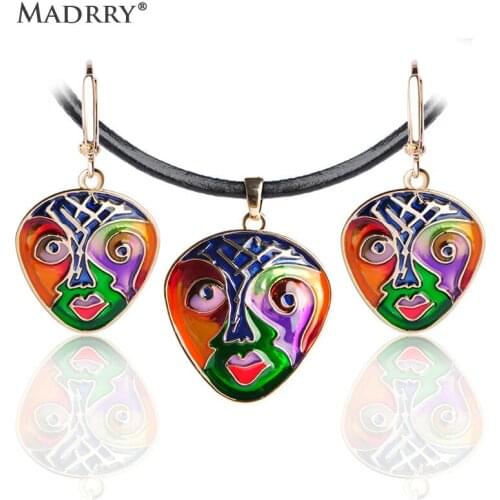 Peking Opera Face Colorful Enamel Jewelry Sets Pendant Necklace&Earrings Leather Chain Handicraft Souvenir Gift Vintage Bijoux