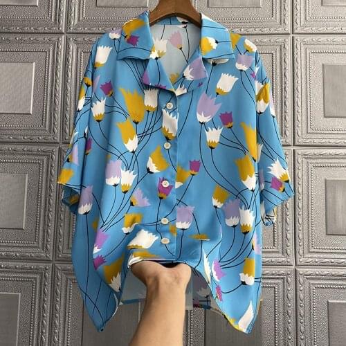 Women Blouse Ladies Tops Collar Printed mulberry silk shirt short-sleeved silk shirt women