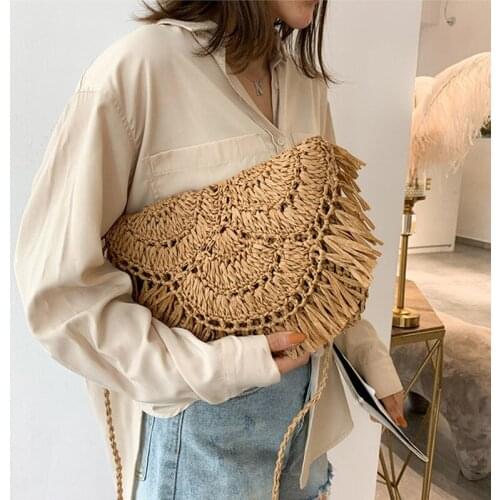 Womens Shoulder Crossbody Bag Clamshell-type Straw Weaving Tassels Wholesale 2022 New Fashion Beach Vacation Female Bags